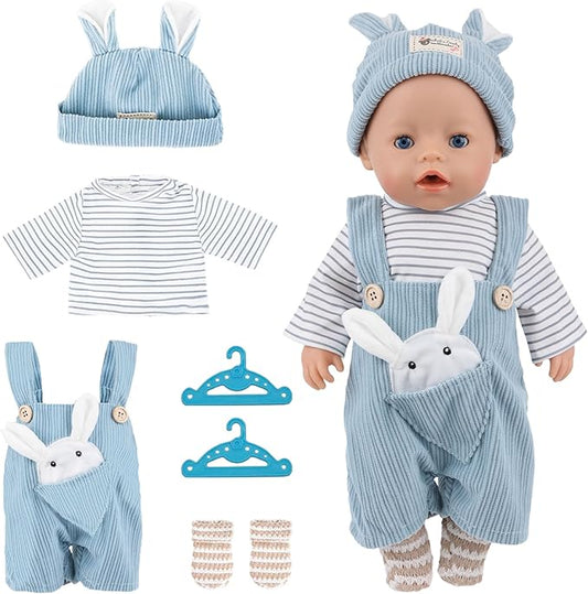 Reborn Baby Doll Clothes Set for 14-18 inch Dolls, Soft Doll Clothes Outfit with Tops, Pants, Rabbite Hat, Socks & 2 Hangers, Accessories for Newborn Reborn Dolls(Not Dolls)