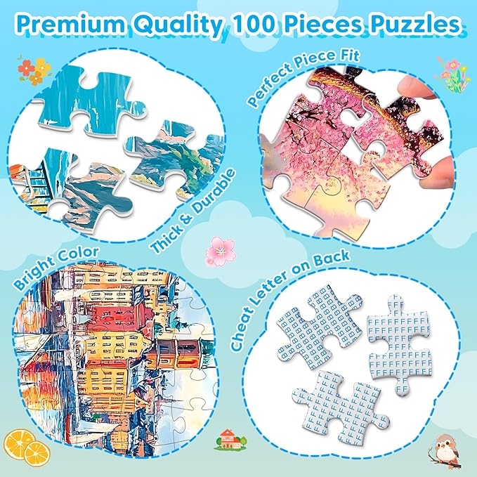 4-Pack 100 Piece Puzzle for Seniors Family Puzzles for Kids and Adults - City & Country View - Large Piece Puzzles for Kids Ages 4-6 6-8 8-10 Learning Educational Toys for Boys and Girls