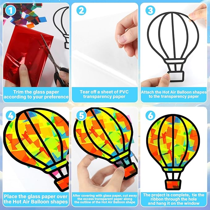 QOUBAI 32 Sets Air Balloons Suncatchers Craft Kit DIY Window Stained Glass Effect Hot Air Balloons VBS Paper Craft Home School Classroom Decoration Kid Birthday Gift Creative Art Project Activity Game
