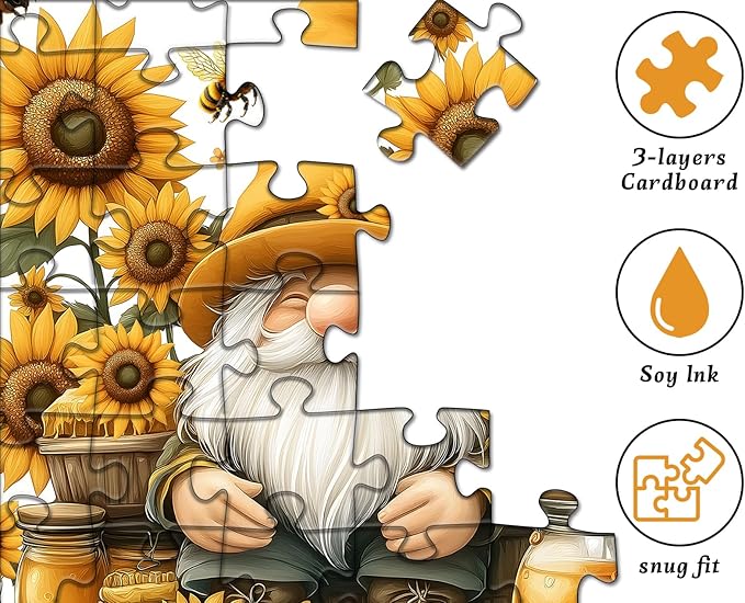 PICKFORU Sunflower Gnome Puzzle for Adults 1000 Pieces, Funny Garden Gnomes Honey Bee Jigsaw Puzzle, Floral Nature Themed Challenge for Adults Art