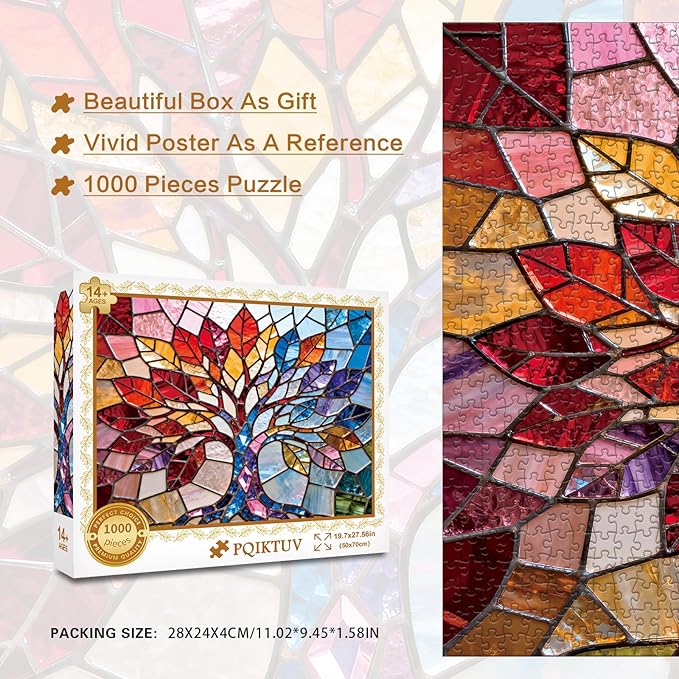 1000 Piece Adult Puzzle, Rainbow Stained Glass Tree of Life Jigsaw, Puzzles for Adults Colorful Geometric Mosaic Puzzles, Home Decor Gift for Art & Nature Lovers