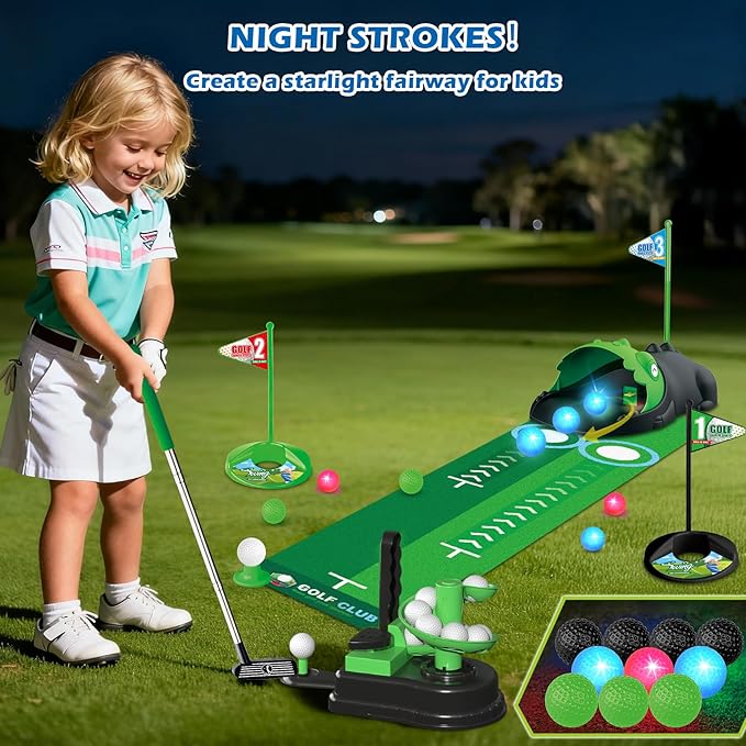 Upgraded Kids Toy Golf Set, 3 in 1 Golf Toys with Dinosaur Automatic Ball Returner & Ball Launcher Led Light Up Balls, Mini Golf Toy for Ages 3-8, Indoor Outdoor Sports Gift for Boys Girls