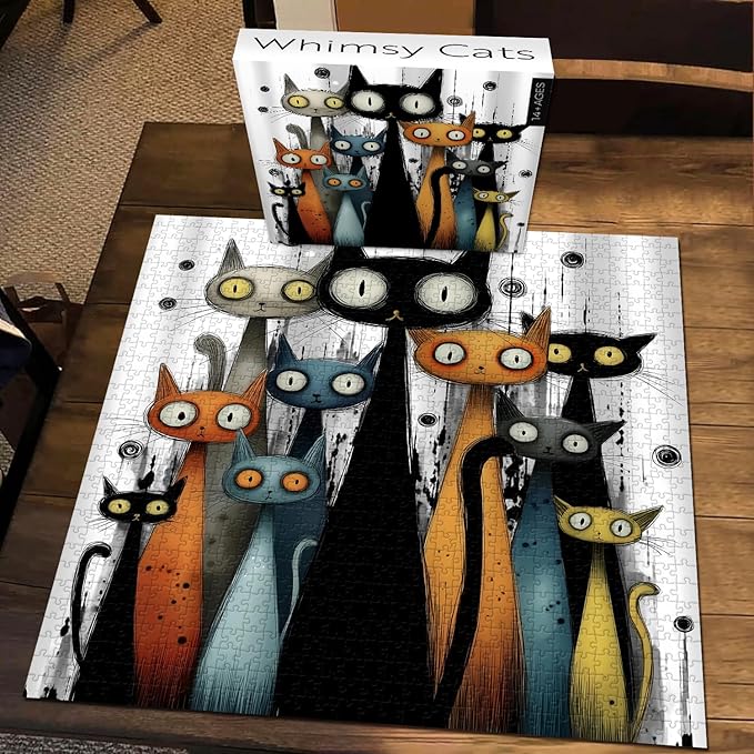 Whimsy Cats Jigsaw Puzzle 1000 Pieces, Funny Cat Puzzles for Adults Abstract Art, Larkipuzz Hard Difficult Cute Animals Theme as Art Decor
