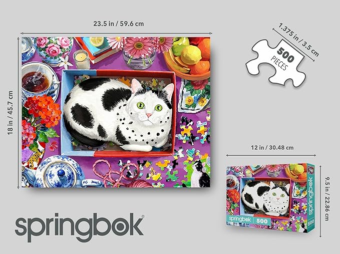 Springbok The Purr-FECT Fit 500 Piece Jigsaw Puzzle for Adults – Poster Now Included - Playful Cat – Unique Cut Pieces – Made in USA
