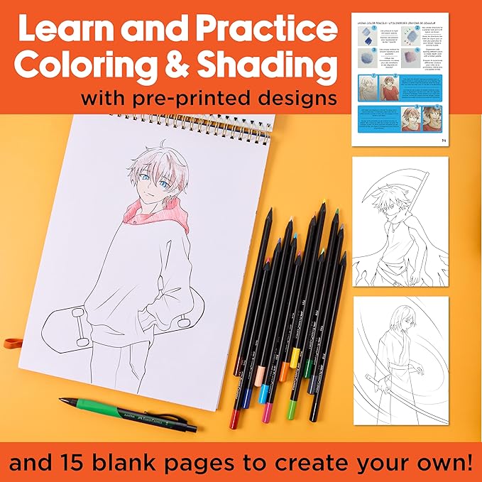 Faber-Castell Anime Drawing Kit: Shonen Edition | Step-by-Step Instruction Book with 20 Practice Pages, Color Pencil Set & Drawing Supplies for Kids, Easter Basket Stuffer (1 Book)