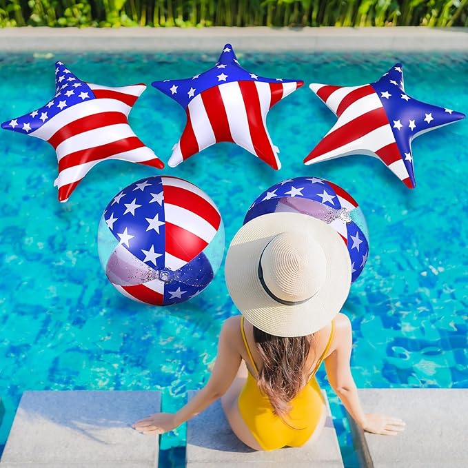5 Pcs Inflatable 4th of July Pool Float USA 250th Anniversary American Flag Star Beach Balls Large 20'' Red White and Blue Inflatable Balls Independence Day Patriotic Decoration for Summer Pool