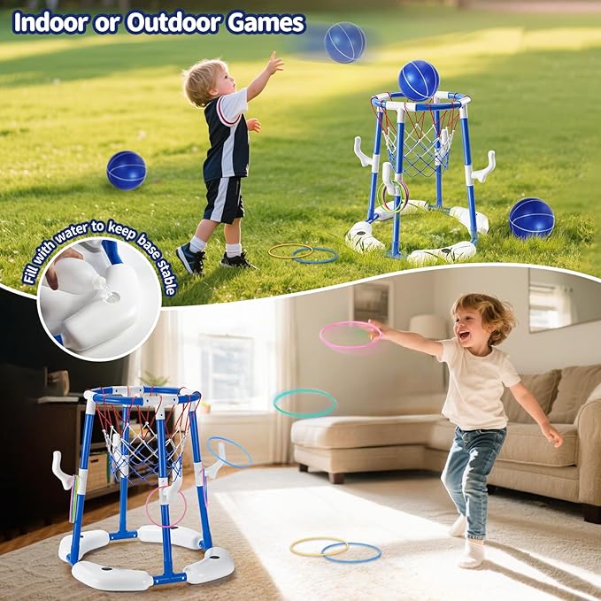 Pool Basketball Hoop for Kids, 2-in-1 Floating Pool Water Play Toys and Ring Game with 4 Balls and Pump, Outdoor Summer Swimming Pool Basketball Games Family Party for Kids Adults (Blue)
