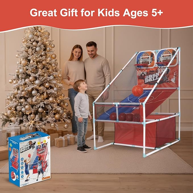 Basketball Arcade Game, Kids Double Basketball Hoop with Balls & Pump, Fun Sports Game for Boys Girls, Gift for Kids Ages 4+