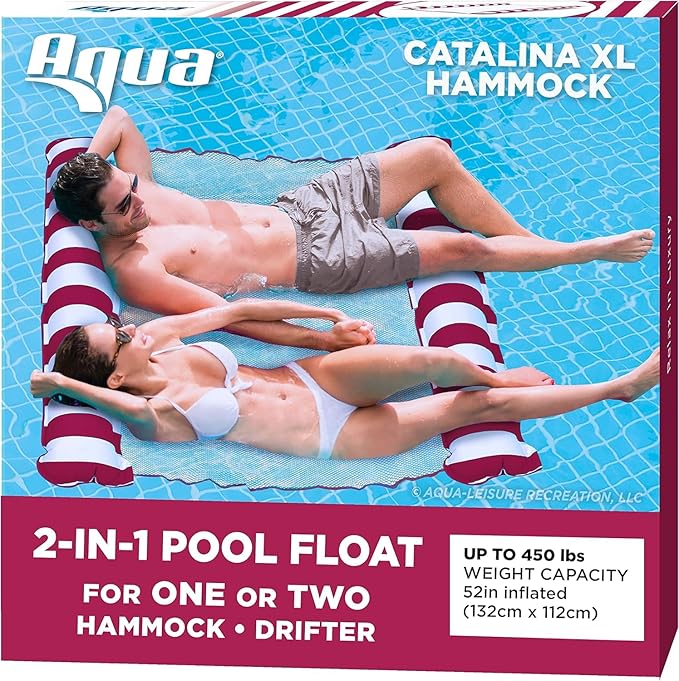 Aqua 2-in-1 Catalina XL Pool Float & Hammock – 1-2 Person, Multi-Purpose, Inflatable Pool Floats for Adults – Burgundy/White Stripe