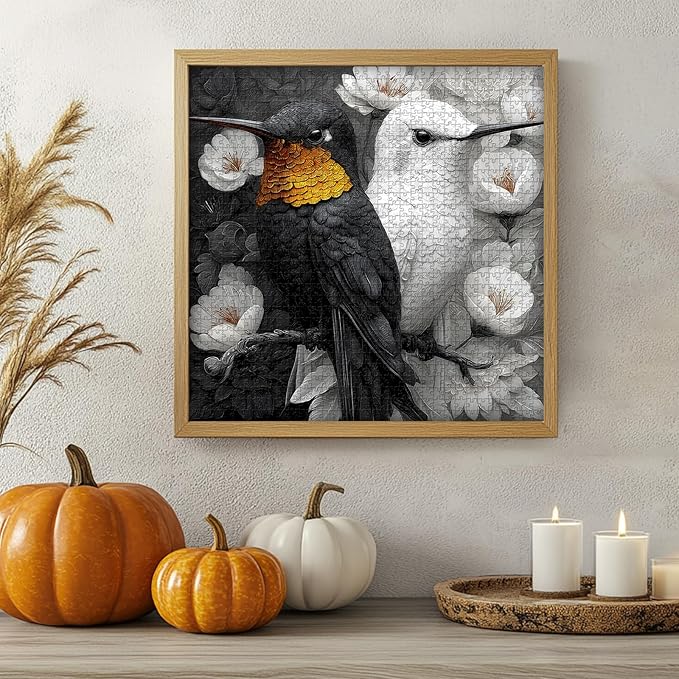 PICKFORU Yinyang Hummingbirds Jigsaw Puzzles 1000 Pieces for Adults, Black White Hummingbird Adult Puzzles, Nature Balance Animal Flowers Puzzle