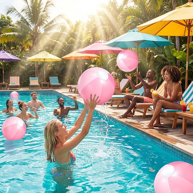 Realspring 12 Pcs Pastel Inflatable Beach Balls Kids Bulk Stripe Jumbo Big Beach Balls Pool Floating Toy for Adult Water Game Baby Shower Birthday Summer Swimming Party (Pink and White,18 Inch)
