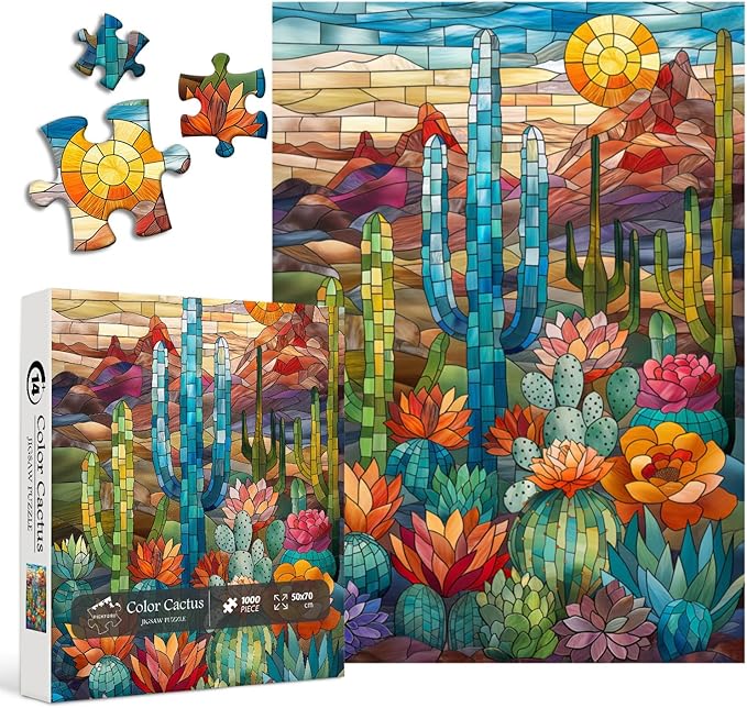 Cactus Puzzles for Adults 1000 Pieces and up, PICKFORU Stained Glass Puzzle Including Mosaic Art Cactus, Colorful Succulent Puzzles for Plant Lovers