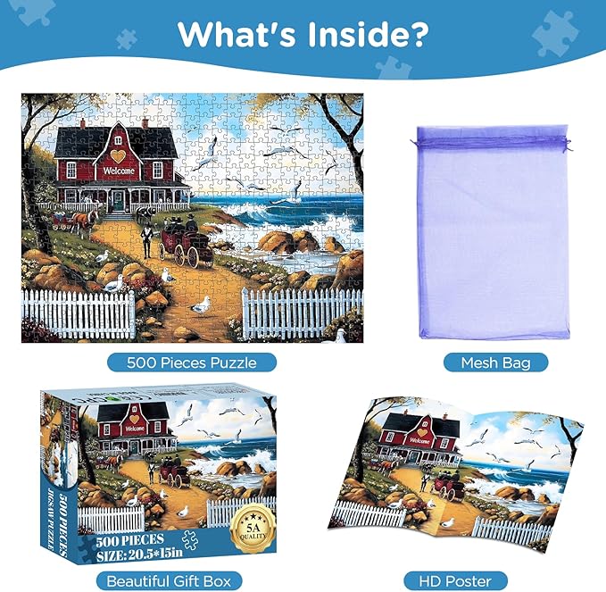 Jigsaw Puzzles for Adults 500 Pieces, Seagull Carriage Thick Cardboard Adult Puzzles, Challenging Yet Relaxing Adult Puzzles 500 Pieces, Glossy Sturdy Vibrant Puzzle Great Gift for Family Friends