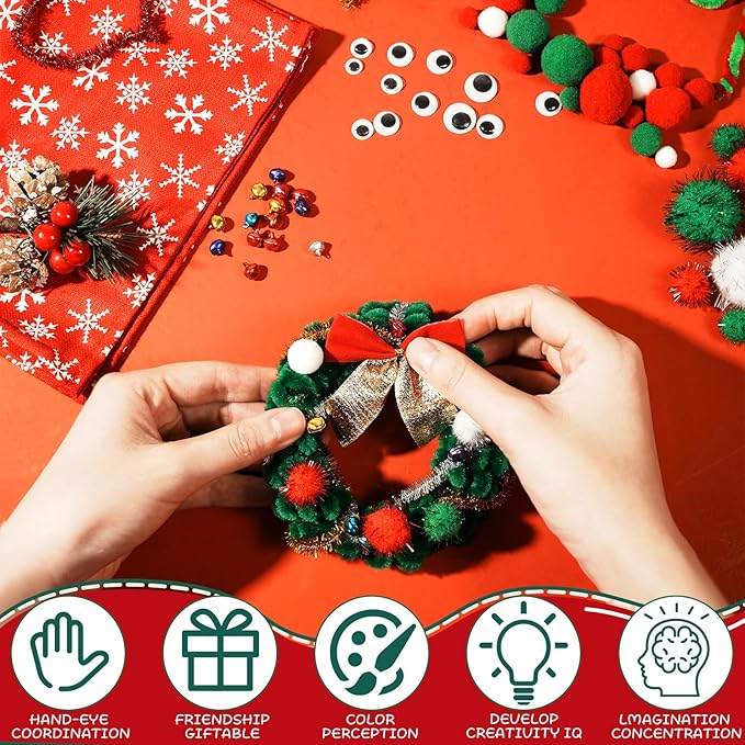 902 Pcs Christmas Pipe Cleaners Set Including 320 Pcs Pipe Cleaners 300 Pcs Pom Poms 150 Pcs Wiggle Googly Eyes Self Adhesive 120 Pcs Bells 12 Pcs Bows for Christmas Decoration DIY Art Supplies