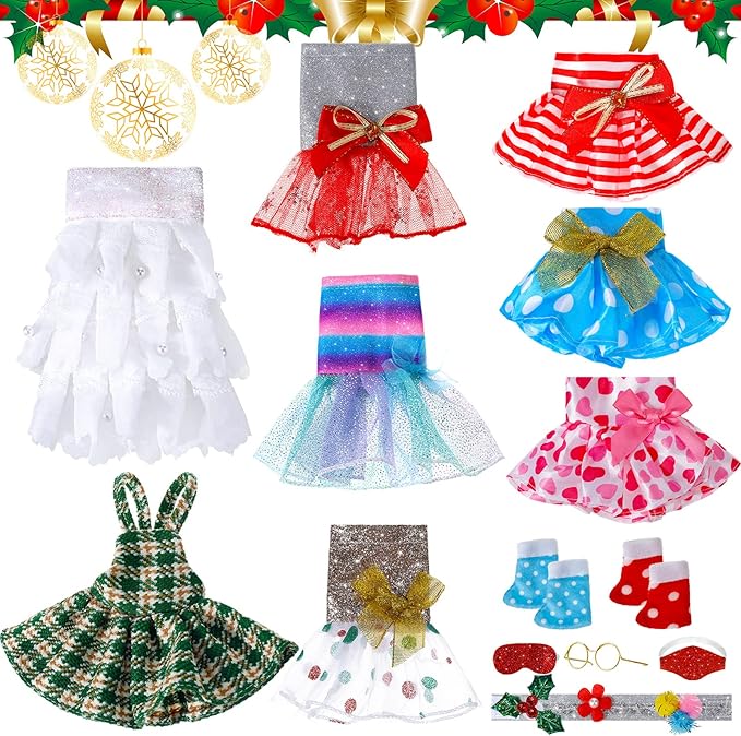 Sumind 14 Pieces Christmas Doll on Clothes Accessories Outfits Set Including Skirts, Bathrobe, Sleeping Bag, Fluffy Vest, Shirt, Scarf, Eye Cover and Boots for Xmas Doll Decor(Stylish Style)