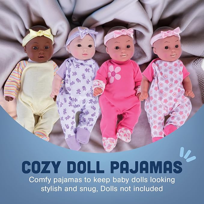 Constructive Playthings 4-Piece Sleeper Set for 12 Inch to 14 Inch Baby Dolls, Machine Washable Pajamas for Dolls, Baby Doll Accessories, Ages 2+