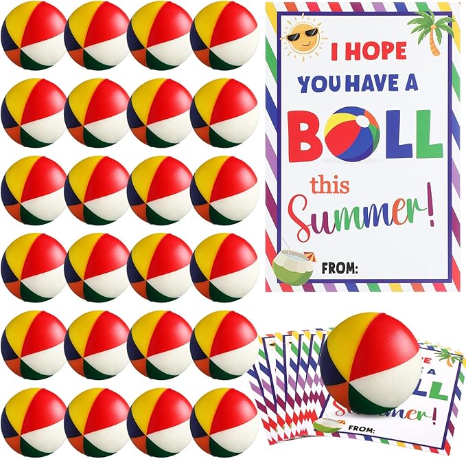 24 Sets End of Year Student Gift Small Beach Stress Balls 2.5 Inch Mini Relief Stress Swimming Pool Ball with Have a Ball Gift Card for Classroom Prizes Summer Holiday Party(Classic Color)