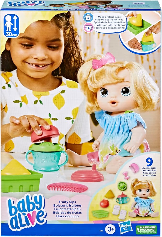 Baby Alive Fruity Sips Doll, Apple, Toys for 3 Year Old Girls, 12-inch Baby Doll Set, Drinks & Wets, Pretend Juicer, Kids 3 and Up, Blonde Hair