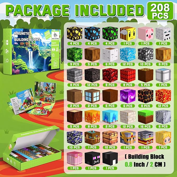 Magnetic Blocks, 208PCS Magnetic Building Blocks, Stacking Magnetic for Kids, Sensory Toy for STEM Constructions Magnetic Blocks for Boys Girls Age 3+, Holiday Birthday Gifts