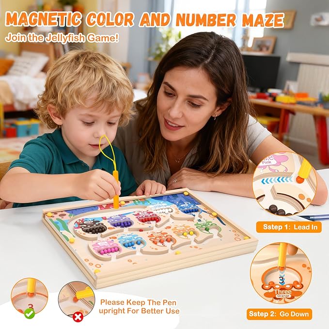 4-in-1 Magnetic Color and Number Maze Toys Box with Alphabet Puzzles Drawing Board, Wooden Storage Montessori Toy for 3-5 Year Old, Toddlers Educational Learning Toy Gifts for Kids Boys Girls