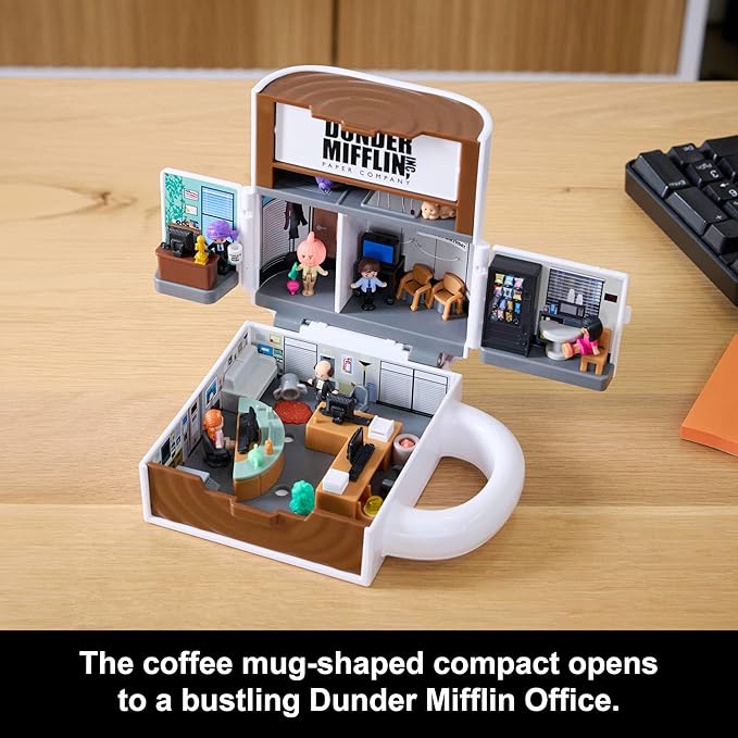 Polly Pocket x The Office Compact Playset 6 Character Dolls and 9 Accessories, Collectible Partnership Toy, Coffee Mug Exterior