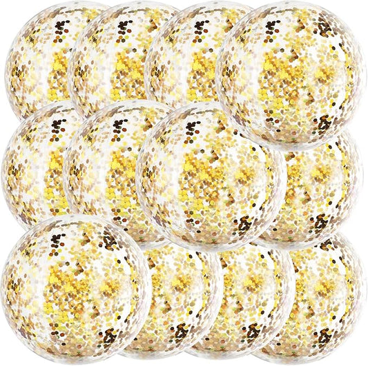 12 Pack Gold Glitter Beach Beach Balls 16" Large Inflatable Sparkly Confetti Pool Balls Glitter Pool Toys PVC Jumbo Sport Ball for Birthday Hawaiian Wedding Christmas Happy New Year Party Favor
