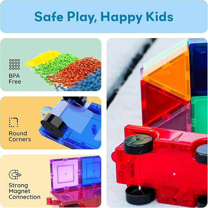 PicassoTiles 4PC Magnetic Tiles Car Truck Base Construction Building Accessory Toy Yellow, Red, Green & Blue Compatible with Magnet Tile Sets Educational STEM Learning Build Kits Boys & Girls PT201