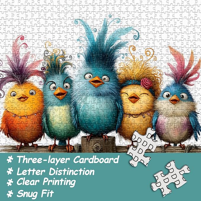 PICKFORU Funny Bird Puzzles for Adults 1000 Piece，Cute Cartoon Bird Art Puzzles for Adults, Colorful Challenging Jigsaw Puzzles with Animals