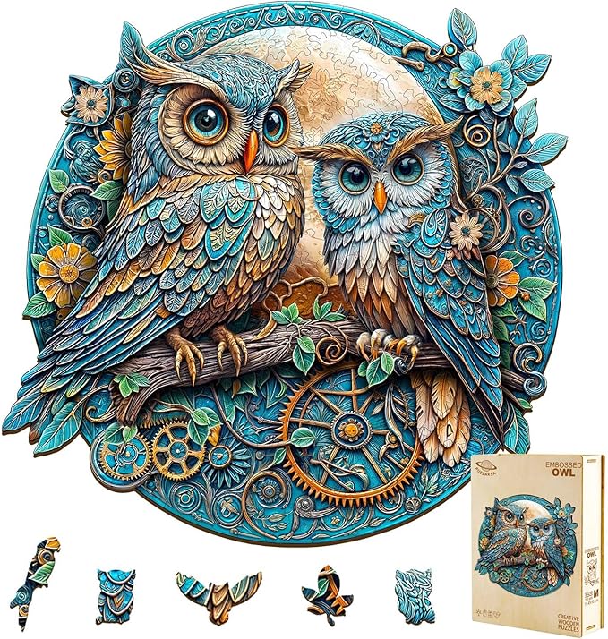 Wooden Puzzles for Adults - Embossed Owl Puzzle, Unique Shape Wooden Jigsaw Puzzle for Adults, Wood Puzzles Adult, Good Gift Idea for Family, Wall Art Home Decor (M-11.4 * 10.9in -190 Pieces)
