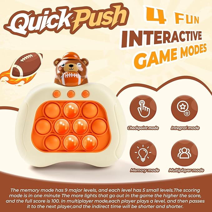 Football Bear Pop Push Game,Fidget Console Toys for Kids Adults,Handheld Puzzle Game Sensory Toys,Pop Bubble Up Toy for Kids, Birthday Gifts for 3-12 Year Old Girls Boys