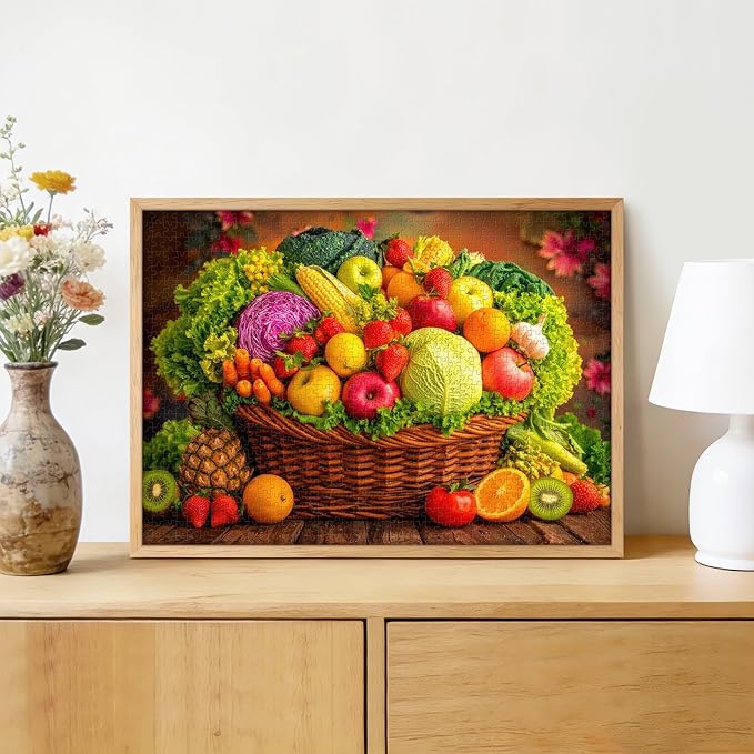 Vibrant Harvest Fruit & Vegetable Basket 1000 Piece Puzzle for Adults - Fresh Produce Art, Farm Scene, Poster & Lettered Back, 28"x20" HD, Gift for Food & Nature Lovers