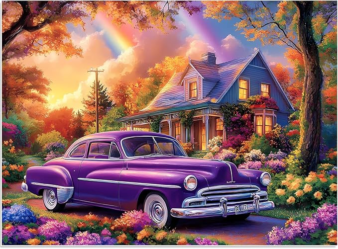 500 Pieces Jigsaw Puzzles for Adults, Beautiful Forest Flower Car Puzzle for Adults, Recycled Paper Puzzle 500 Pieces, Glossy, Sturdy Pieces Challenging Family Game (20.5x15in)