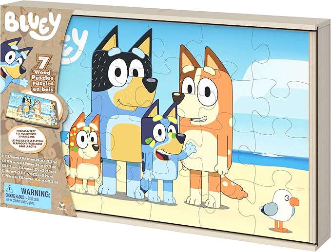 Spin Master Games, Bluey Puzzles 7-Pack, Wooden Jigsaw Puzzles for Preschoolers, 12, 16, & 24 Pieces, Storage Tray, Bluey Toys, for Ages 4 & Up