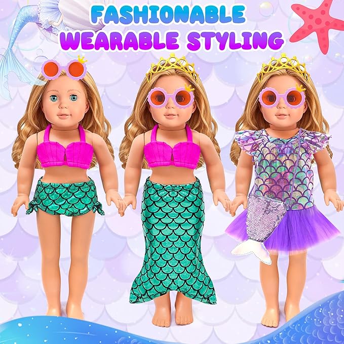 HAPGFS American 18 Inch Doll Makeup Accessories and Travel Set Mermaid, Including Purple Suitcase Luggage Dress Eye Shadow Lipstick Eyelash Brush Dolls Travel Gear Play Set Gift for Birthday (NO Doll)