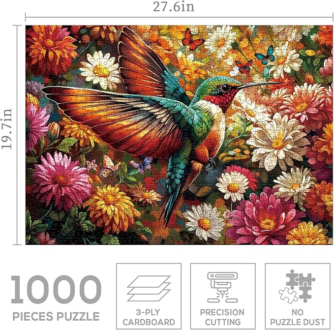 Hummingbird Colorful Flower Puzzle 1000 Pieces for Adults, Bird Sunflower Butterfly Nature Jigsaw Puzzle, Plants Spring Vintage Art Puzzles