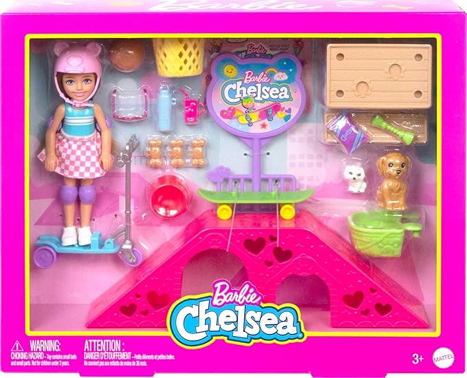 Barbie Chelsea Doll & Skate Park Playset with 2 Puppies, Skate Ramp, Scooter & 15+ Accessories, Brunette Small Doll with Blue Eyes