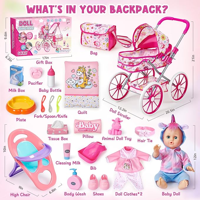 Golray 12 in Baby Doll Toys Set with Stroller for 3 4 5 6 Year Old Girl - 26pcs Babydoll with Accessories Quilt Pillow/Highchair/2 Clothes, Feeding Nursing Pretend Play Toddler Girl Toy Gift 3-5-7