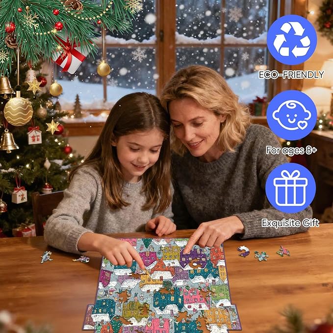 Mocfesk 495 Pieces Snowy Building Wooden Puzzles for Adults and Kids, Christmas Winter Town Puzzles for Family, Unique Shaped Wooden Puzzles Gift Box, Holiday Activity Family Fun 13.7'' x 17.8''