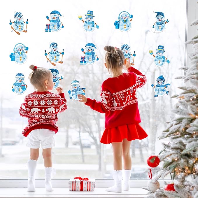 Renbuzhu 42PCS Winter Crafts Bulk: Snowman Paper Suncatchers DIY Kit for Christmas Holiday Activities Decorations, Window Stained Glass Effect Art Ornaments