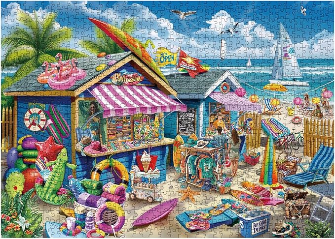 Beach Surf Cottage Puzzle for Adult 1000 Pieces, Summer Hawaii Cabin Jigsaw Puzzle Sea, Florida Seashore Scenery Puzzle for Home Decor