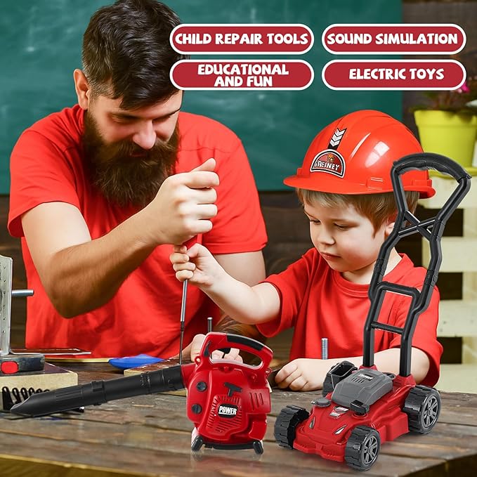 3 Pcs Toy Gardening Tool Set for Kids Toy Leaf Blower Hedge Trimmer Push Lawn Mower Play Set with Lights and Sounds Christmas Birthday Gifts for Boys Girls