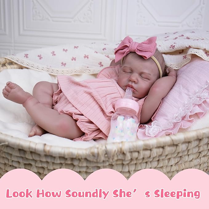 EKOKIZ Realistic Baby Doll, 20-Inch Reborn Baby Doll Girls Soft Cloth Body Newborn Dolls That Look Real, Lovely & Pretty Lifelike Doll with Pink Dress and Toy Accessories for Kids Age 3+