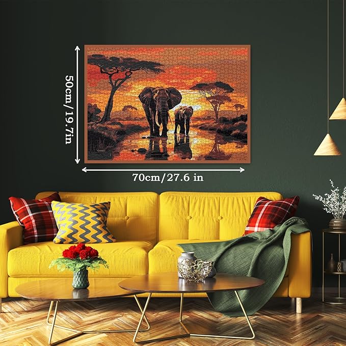 Sunset Elephant Puzzles for Adults 1000 Pieces, Nature Wildlife Scenic Jigsaw Puzzles, African Animal Art Puzzles