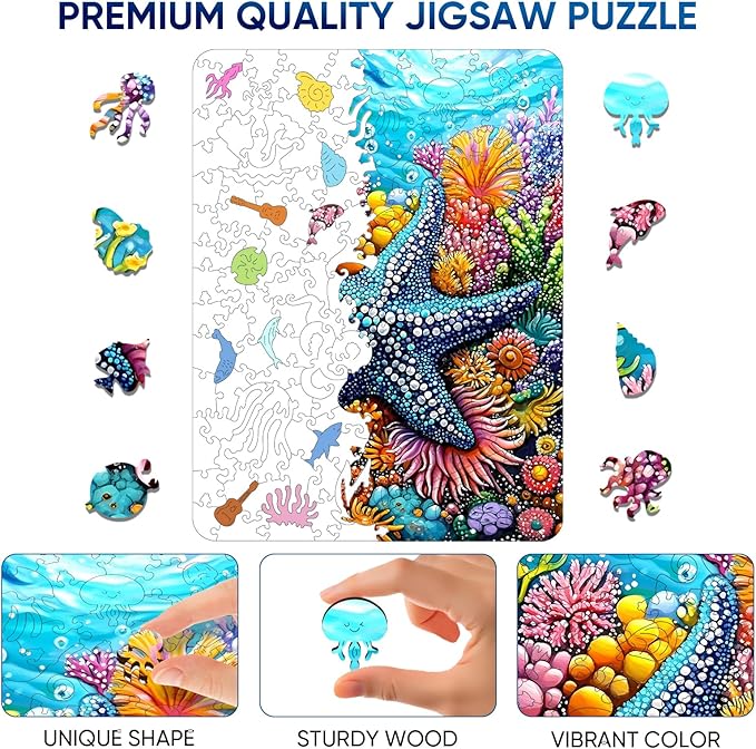 Mocfesk Wooden Puzzles for Adults, Starfish Wooden Puzzles 500 Pieces, Unique Shaped Underwater Ocean Jigsaw Puzzles for Adults and Kids, Birthday Gifts Fun Challenge Family Game 17.7 x 13.3 in