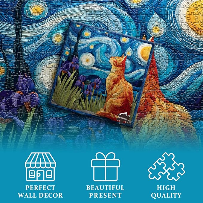 Cat Puzzles for Adults 1000 Pieces, PICKFORU Starry Night Animal Kitten Puzzle, Van Gogh Plant Flower Kitty Challenge Jigsaw Puzzle Scenic