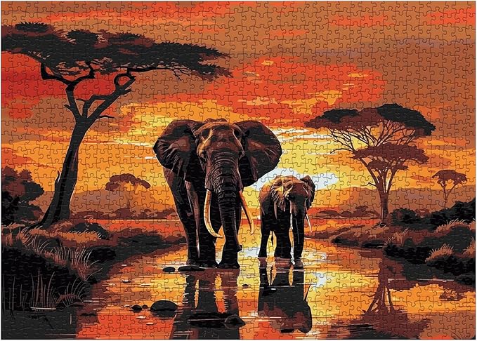 Sunset Elephant Puzzles for Adults 1000 Pieces, Nature Wildlife Scenic Jigsaw Puzzles, African Animal Art Puzzles