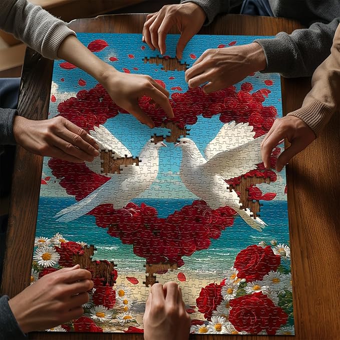 PICKFORU Flower Puzzles for Adults 1000 Piece, Heart Puzzles Beach Bird Dove Love, Rose Ocean Romantic Valentine's Day Jigsaw Puzzle
