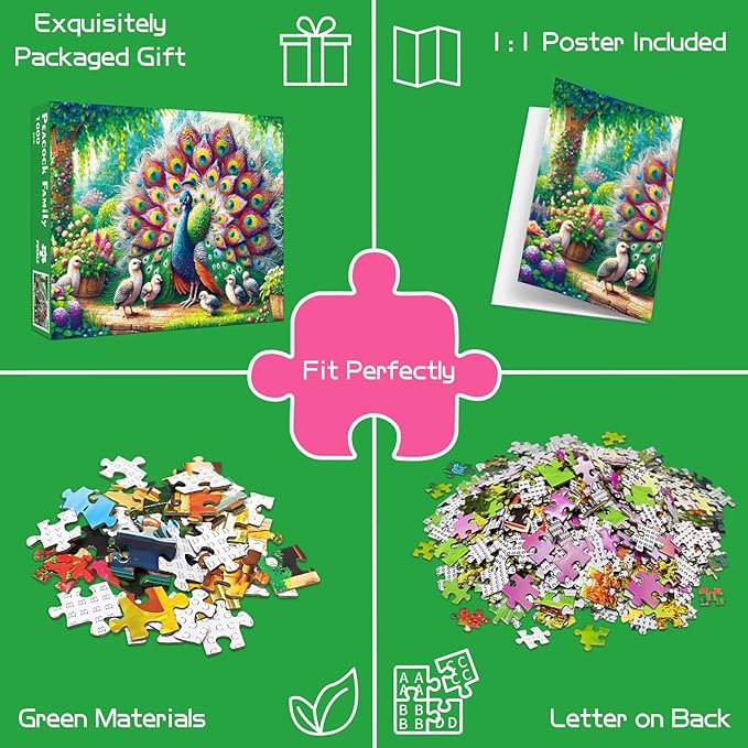 Peacock Family Jigsaw Puzzle, Bird Jigsaw Puzzles, Impossible Hard Difficult Challenging Puzzles for Adults 1000 Pieces, Home Decoration Puzzle, Interlock Perfectly No Dust
