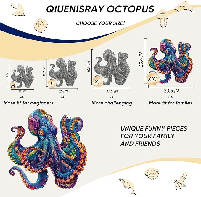 Qiuenisray Wooden Puzzles for Adults 1000 Pieces, Octopus Ocean Jigsaw Puzzles, FSC Certified Unique Shape Adult Puzzles Pieces, Wall Decor for Family Game 23.4x23.5 in
