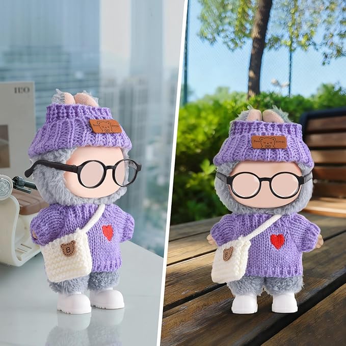 Doll Clothing for Labubu, Premium Outfits for Labubu Dressing up, Handcrafted Crochet Doll Accessories for Labubu with Sweater, Hat, Glasses, Small Bag, Boots(Purple)